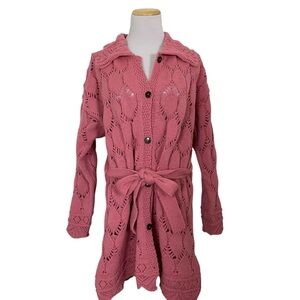 Aran Crafts 100% Merino Wool Open Knit Longline Cardigan Sweater Womens XL Pink